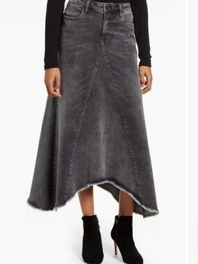 Asymmetrical Washed Black Denim Maxi Skirt